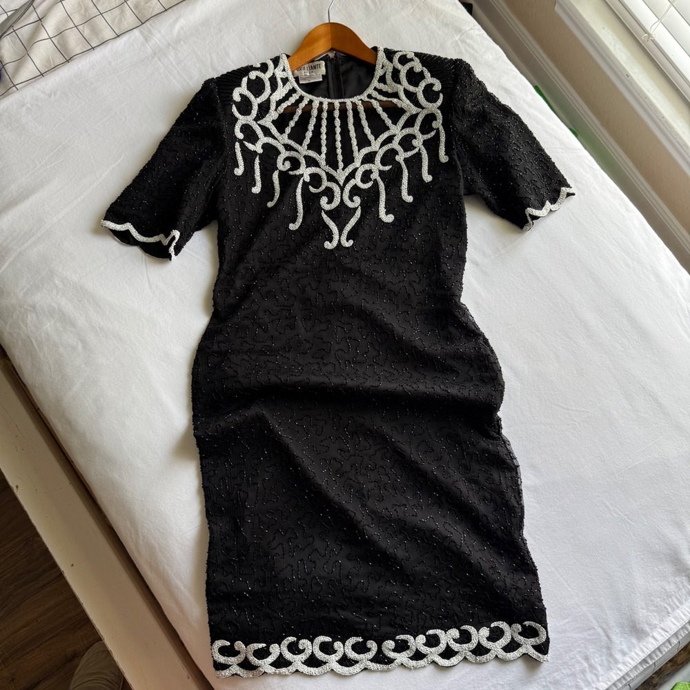 Brilliante by J.A. M Vintage Black Silk Beaded Sheath Dress Homecoming Wedding